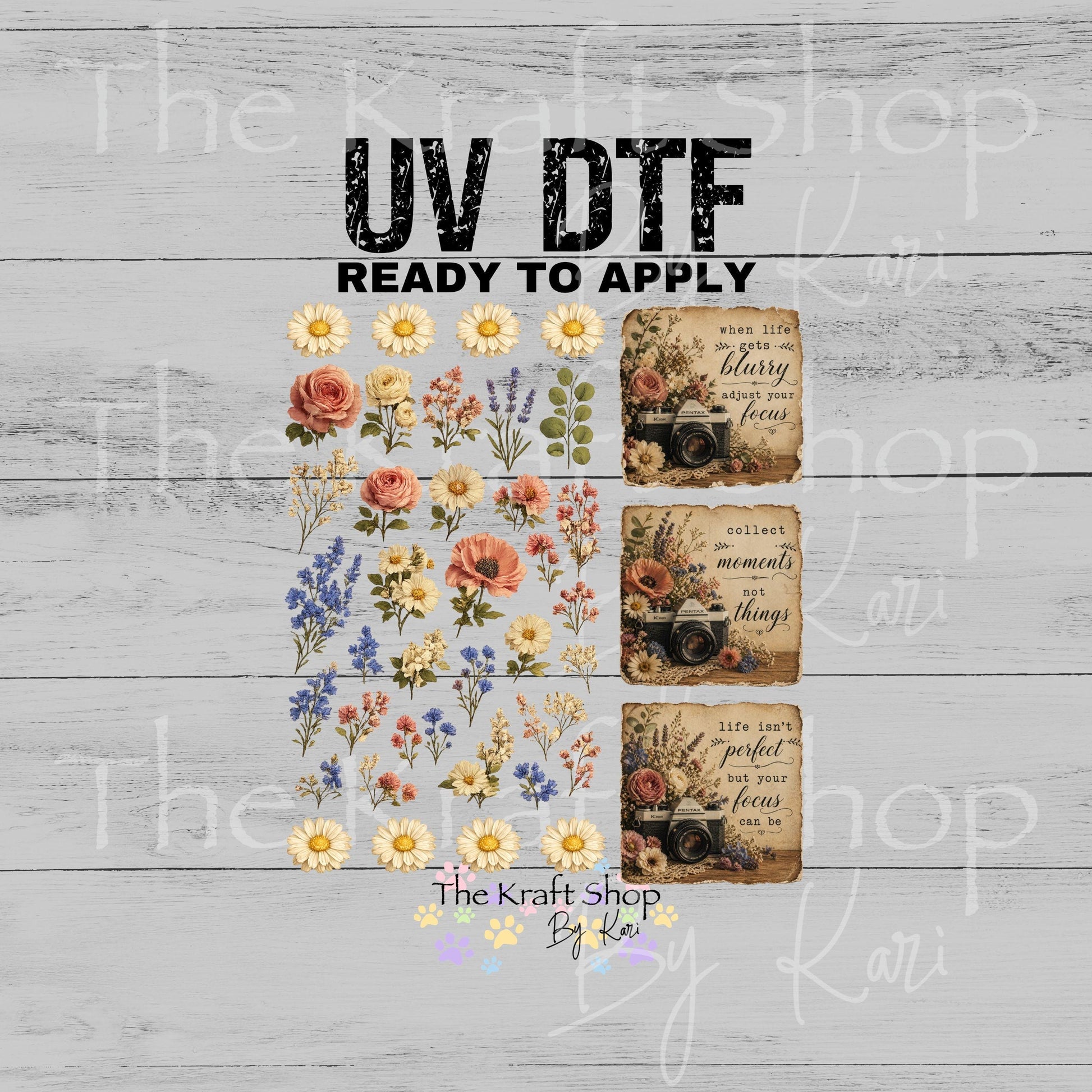 UV DTF When life gets blurry adjust your focus motivational vintage cameras mixed media bundle of decals Element sheet 10x8.9 decal #10475