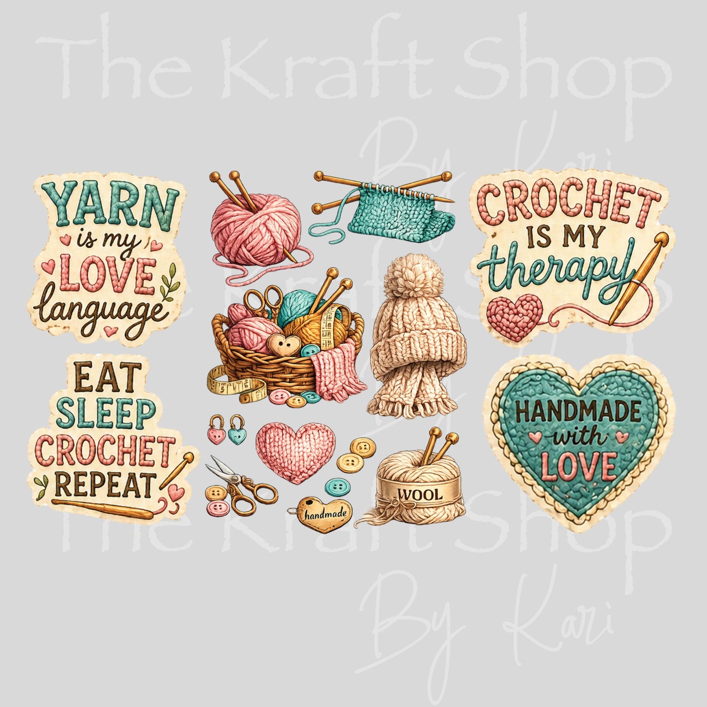 UV DTF Yarn is my love language crochet lover mixed media bundle of decals Element sheet 10x5.6 decal #10476