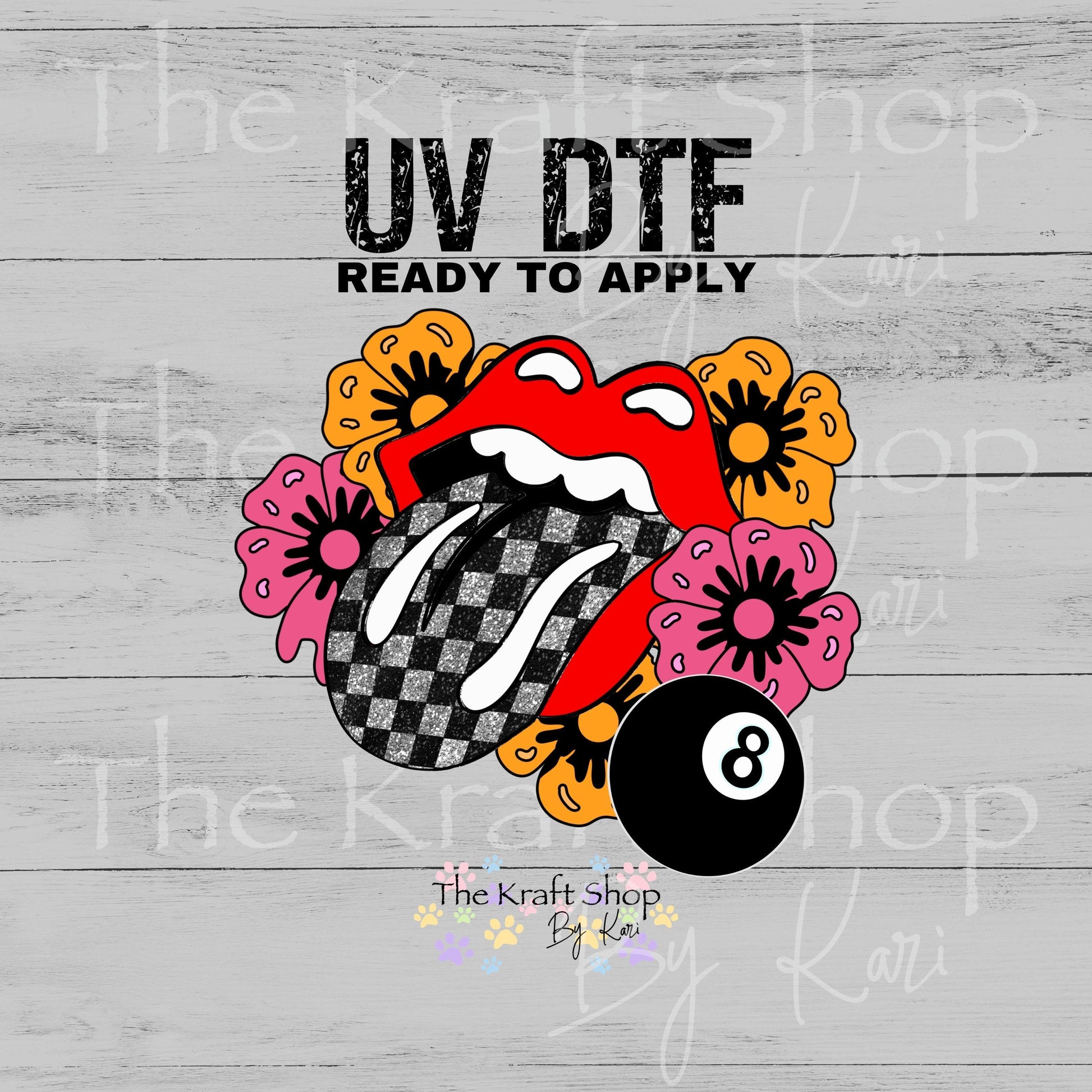 UV DTF Rolling tongue with flowers and eight ball retro vintage decal, tumbler decal, permanent sticker. #10478