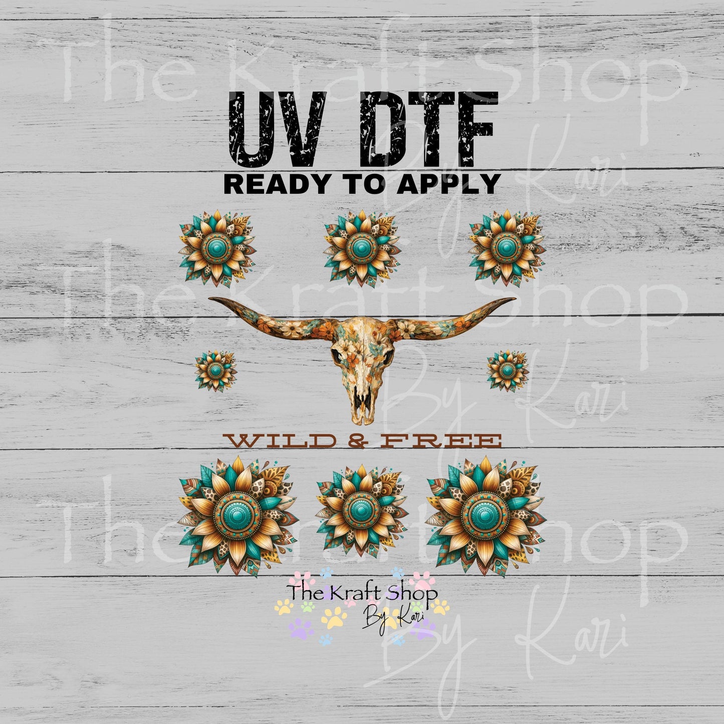 UV DTF Wild & Free bull skull western teal Element sheet 6x6 decal, tumbler decal, permanent sticker. #4704