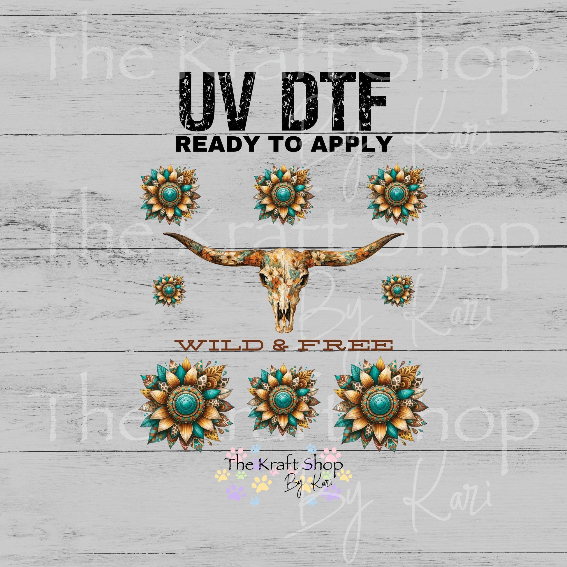 UV DTF Wild & Free bull skull western teal Element sheet 6x6 decal, tumbler decal, permanent sticker. #4704