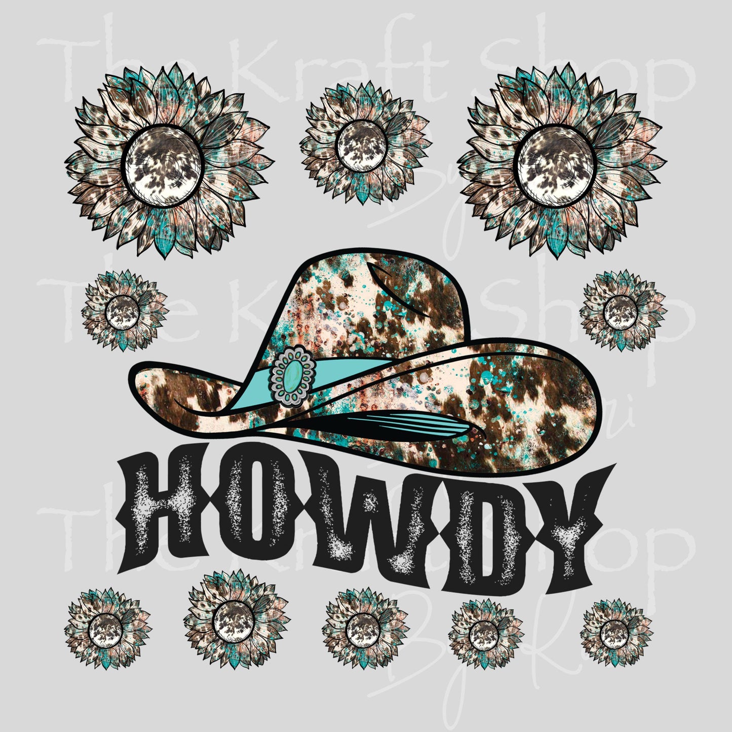 UV DTF Howdy Teal Western Hat Flowers Element sheet 6x6 decal, tumbler decal, permanent sticker. #4706