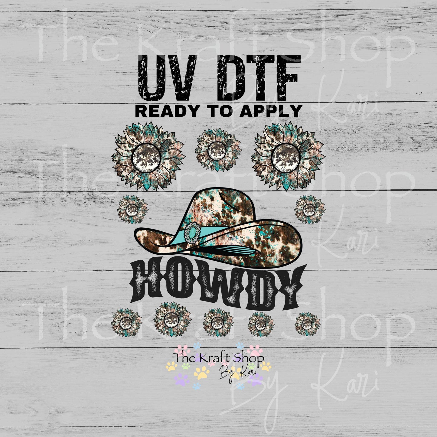UV DTF Howdy Teal Western Hat Flowers Element sheet 6x6 decal, tumbler decal, permanent sticker. #4706