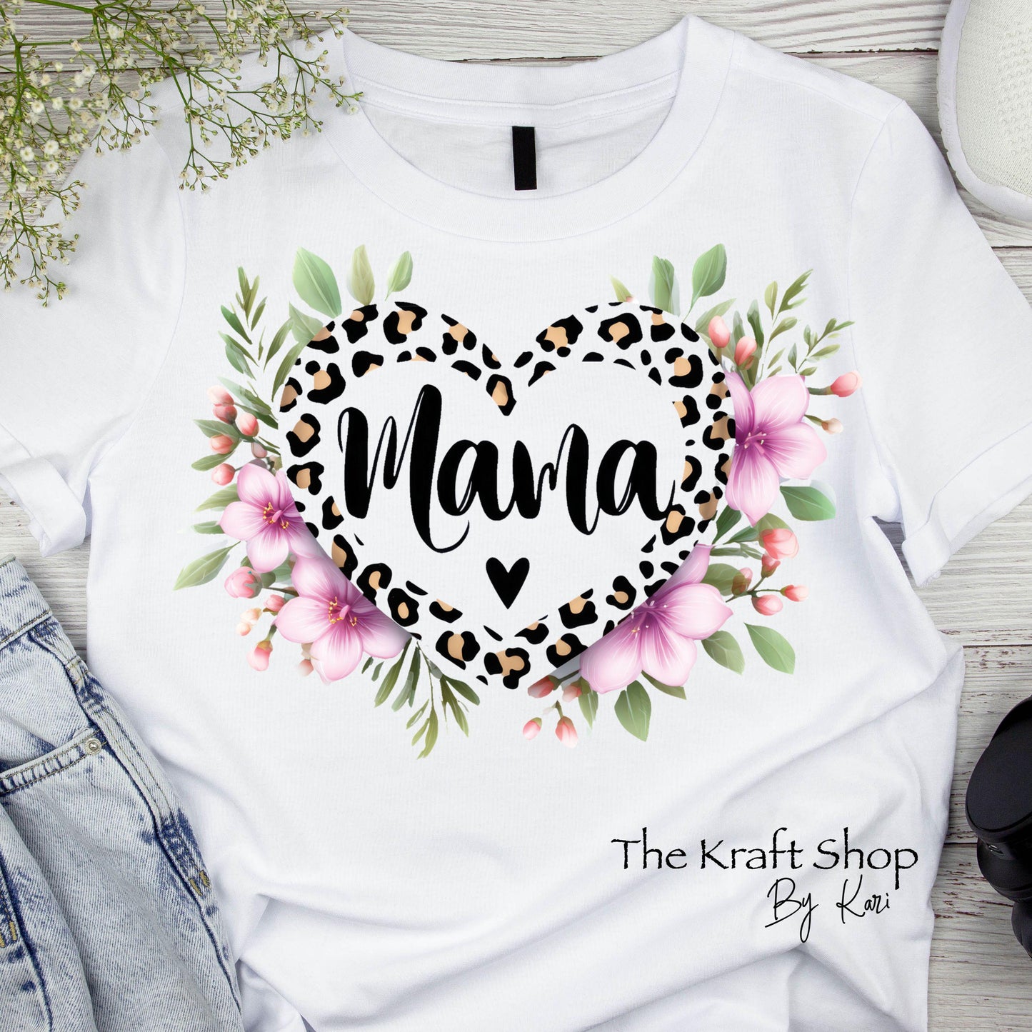 DTF ready to press transfer Leopard Heart Mama with flowers shirt #11631
