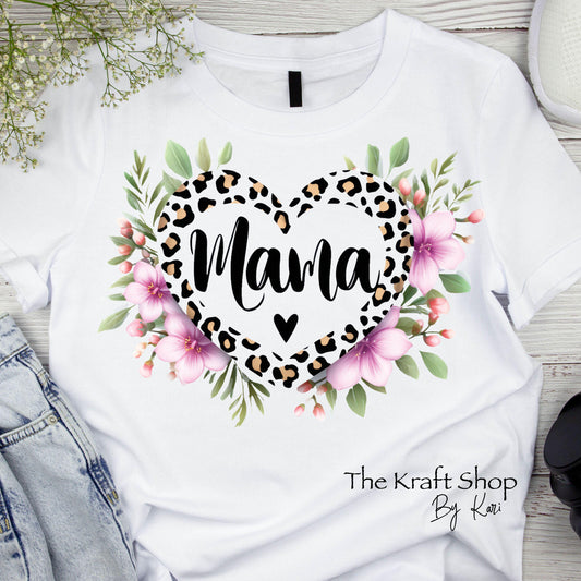 DTF ready to press transfer Leopard Heart Mama with flowers shirt #11631