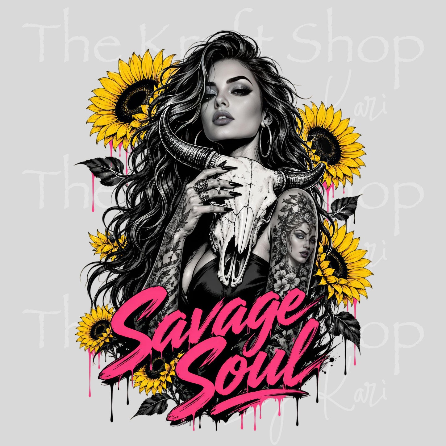 UV DTF Savage soul cow skull sunflower girl sticker decal #4725