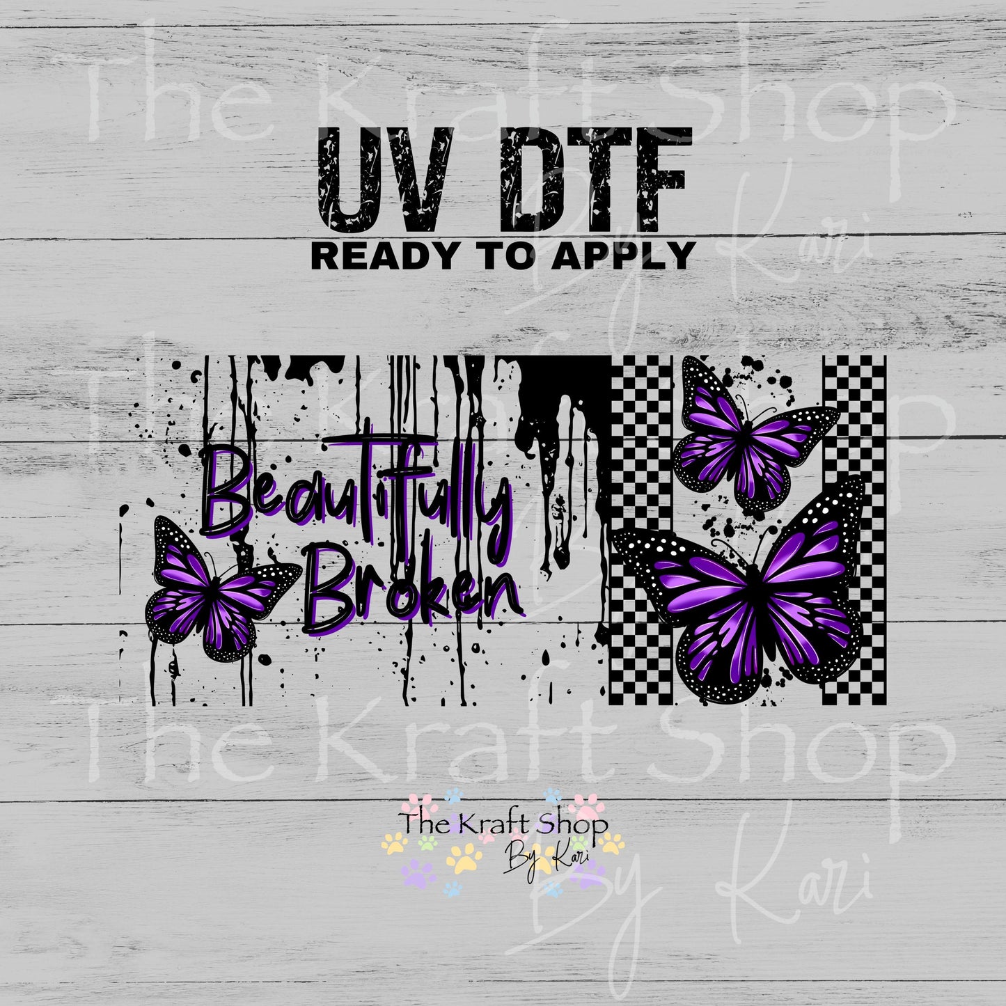 UV DTF Beautifully broken with purple flowers grunge retro Glass can wrap decals #5533