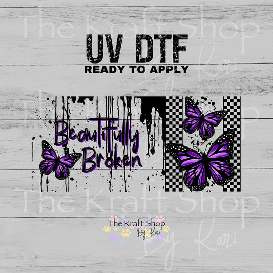 UV DTF Beautifully broken with purple flowers grunge retro Glass can wrap decals #5533