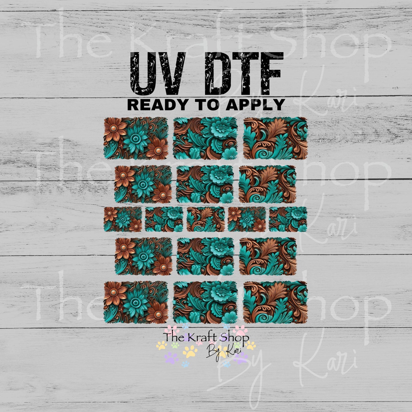 UV DTF Teal Brown Tooled Leather Distressed Element sheet 8x8 decal, tumbler decal, permanent sticker. #6012