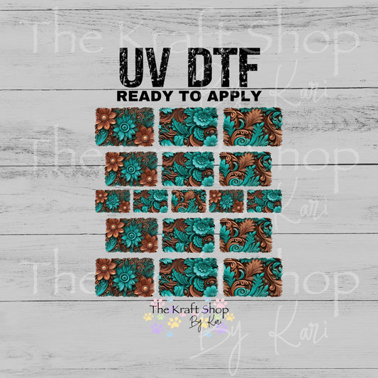 UV DTF Teal Brown Tooled Leather Distressed Element sheet 8x8 decal, tumbler decal, permanent sticker. #6012