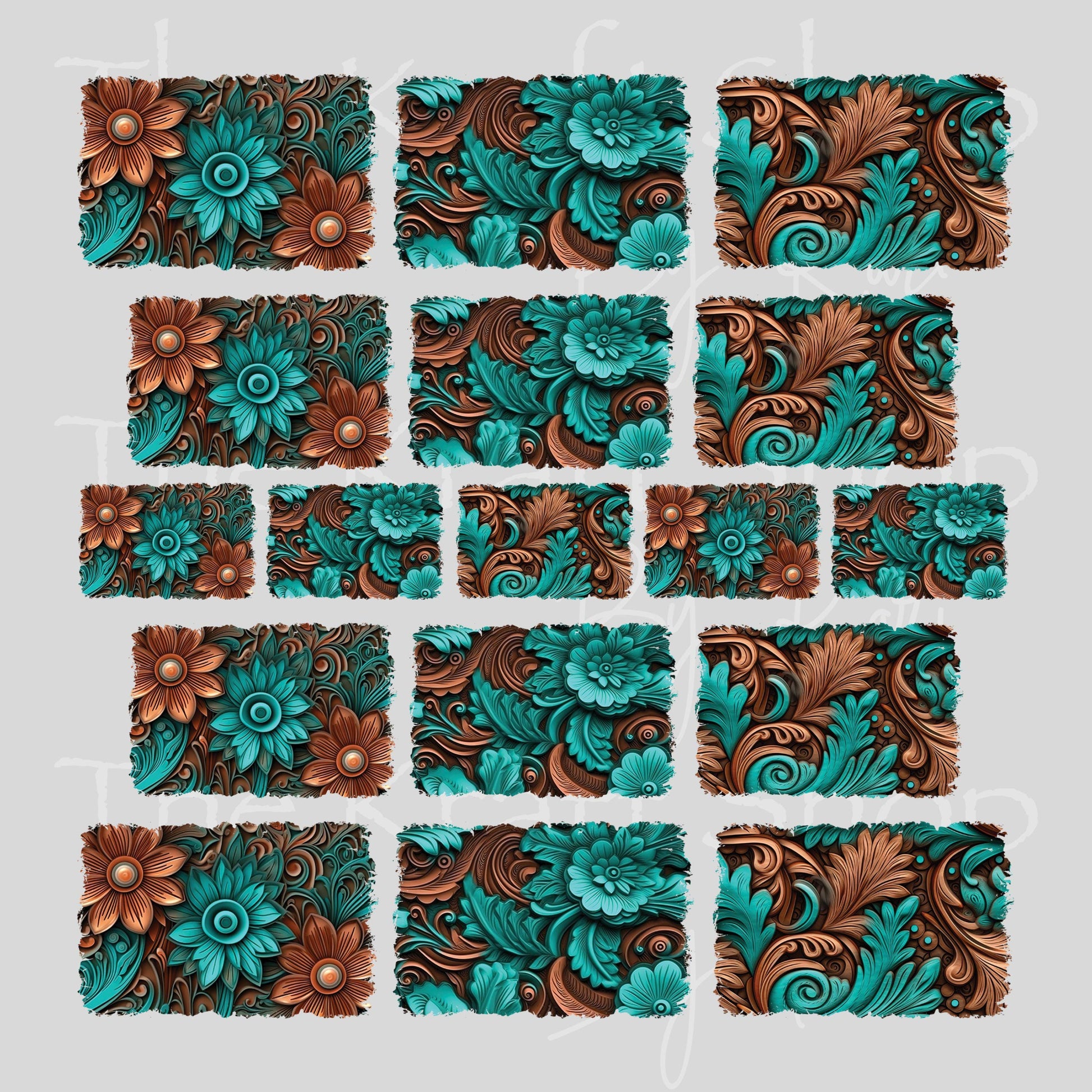 UV DTF Teal Brown Tooled Leather Distressed Element sheet 8x8 decal, tumbler decal, permanent sticker. #6012