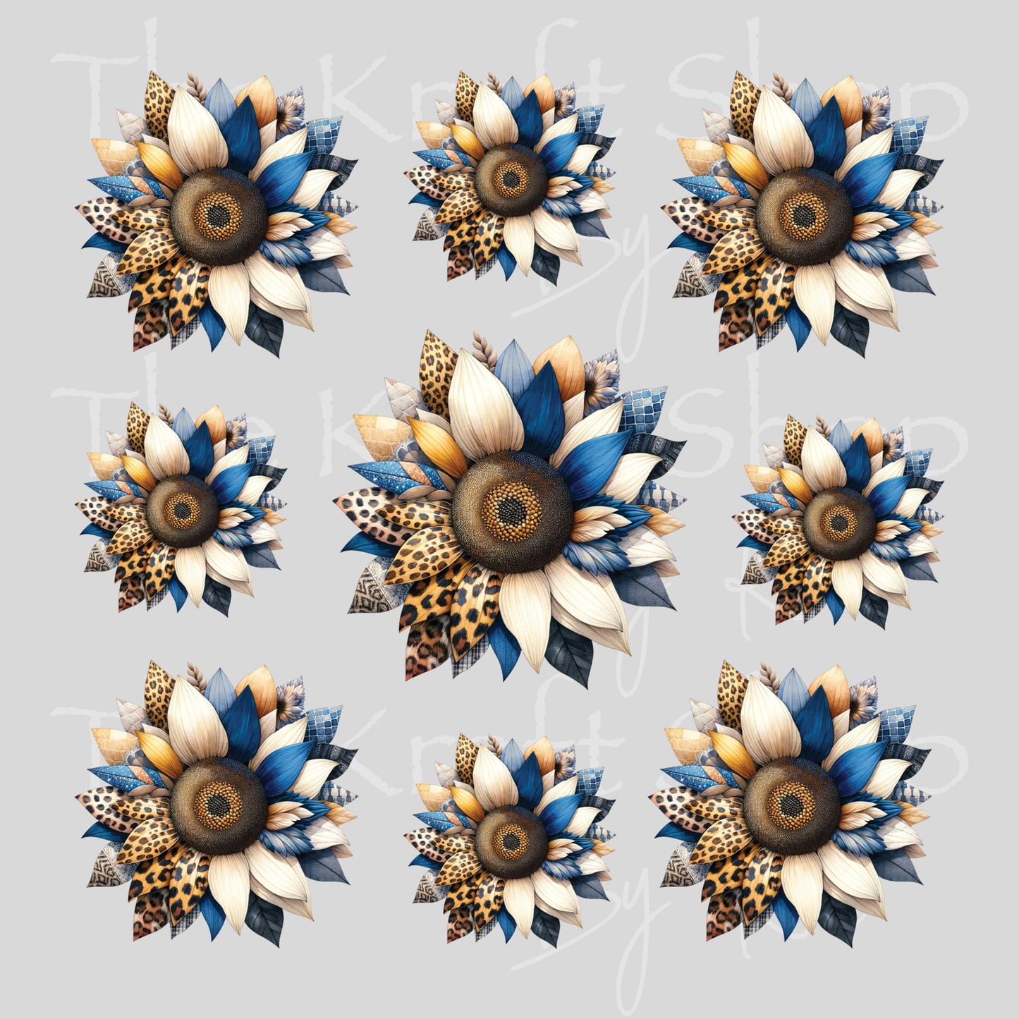 UV DTF Blue Leopard Sunflower Element sheet 6x6 decal, tumbler decal, permanent sticker. #6011