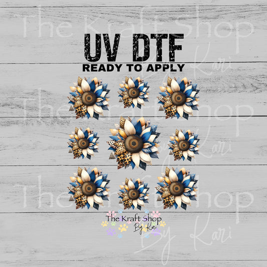 UV DTF Blue Leopard Sunflower Element sheet 6x6 decal, tumbler decal, permanent sticker. #6011