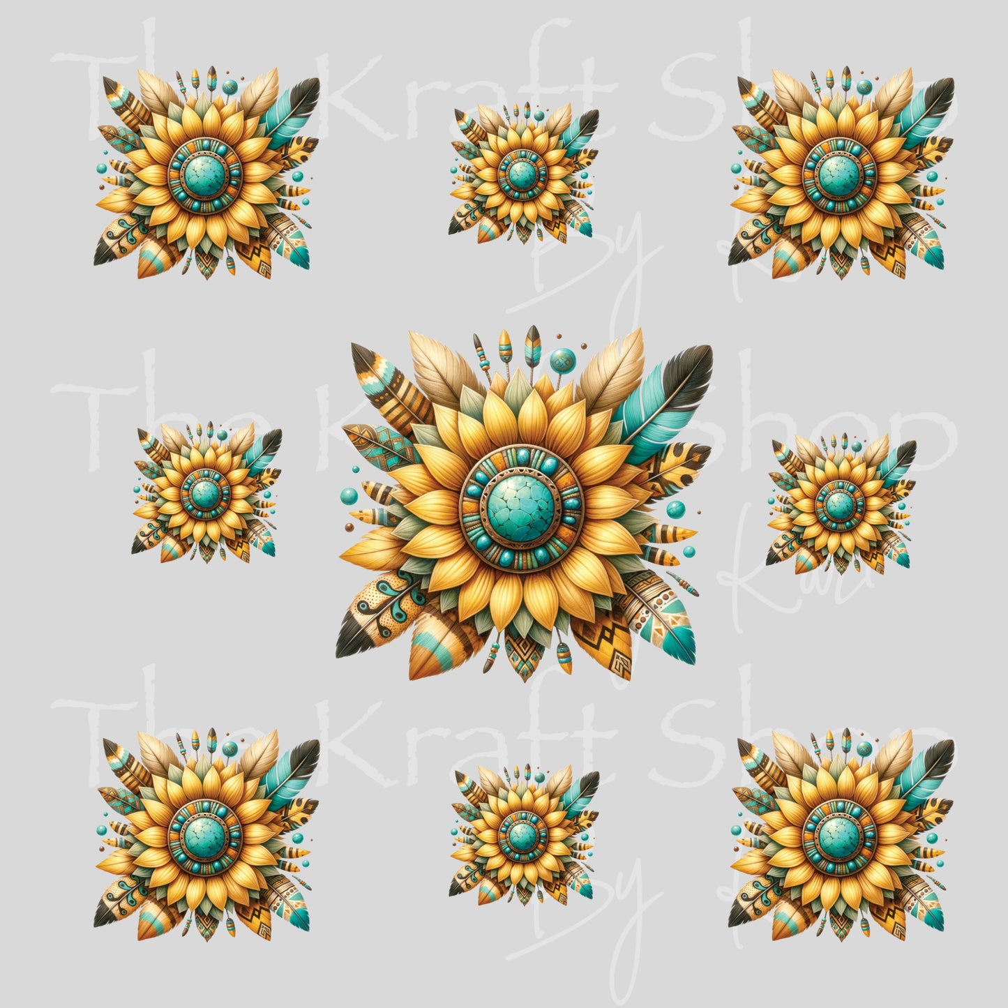 UV DTF Teal Feather Sunflower Element sheet 6x6 decal, tumbler decal, permanent sticker. #6014