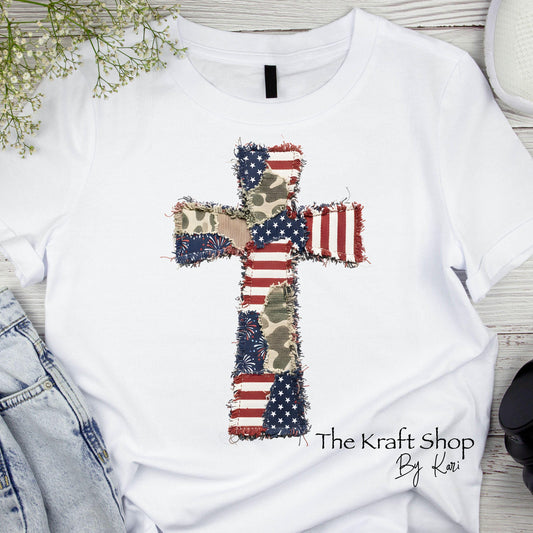 DTF ready to press transfer Patchwork Patriotic Cross shirt #11636