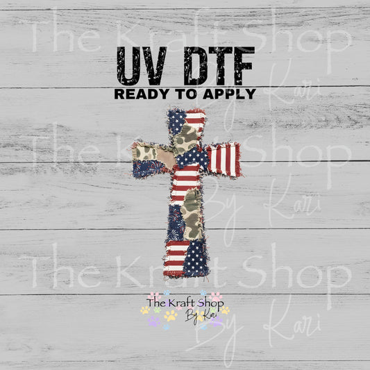UV DTF Patchwork Patriotic Cross decal, tumbler decal, permanent sticker. #10481