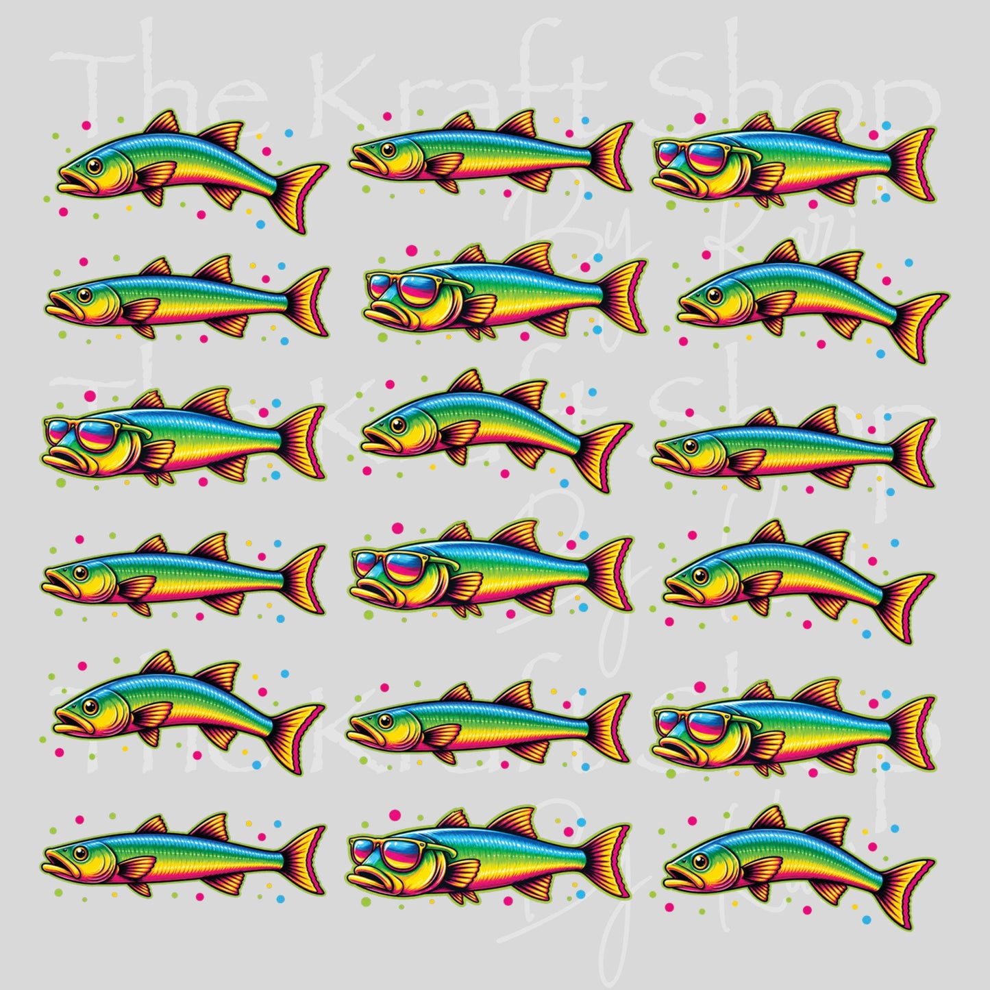 UV DTF Rainbow fish bass fish with sunglasses Element sheet 6x6 decal, tumbler decal, permanent sticker. #1142