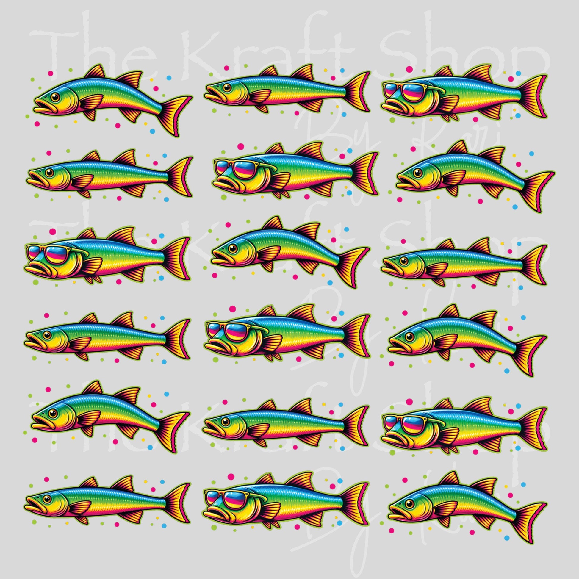 UV DTF Rainbow fish bass fish with sunglasses Element sheet 6x6 decal, tumbler decal, permanent sticker. #1142
