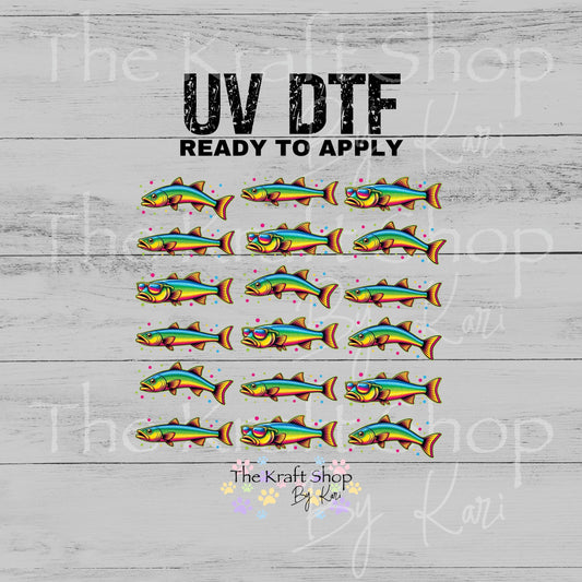 UV DTF Rainbow fish bass fish with sunglasses Element sheet 6x6 decal, tumbler decal, permanent sticker. #1142