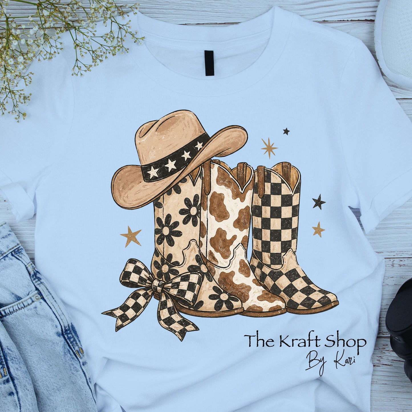 DTF ready to press transfer. Cow Print Checkered Daisy Boots Western shirt transfer #11645