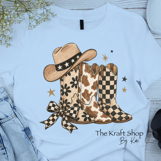 DTF ready to press transfer. Cow Print Checkered Daisy Boots Western shirt transfer #11645