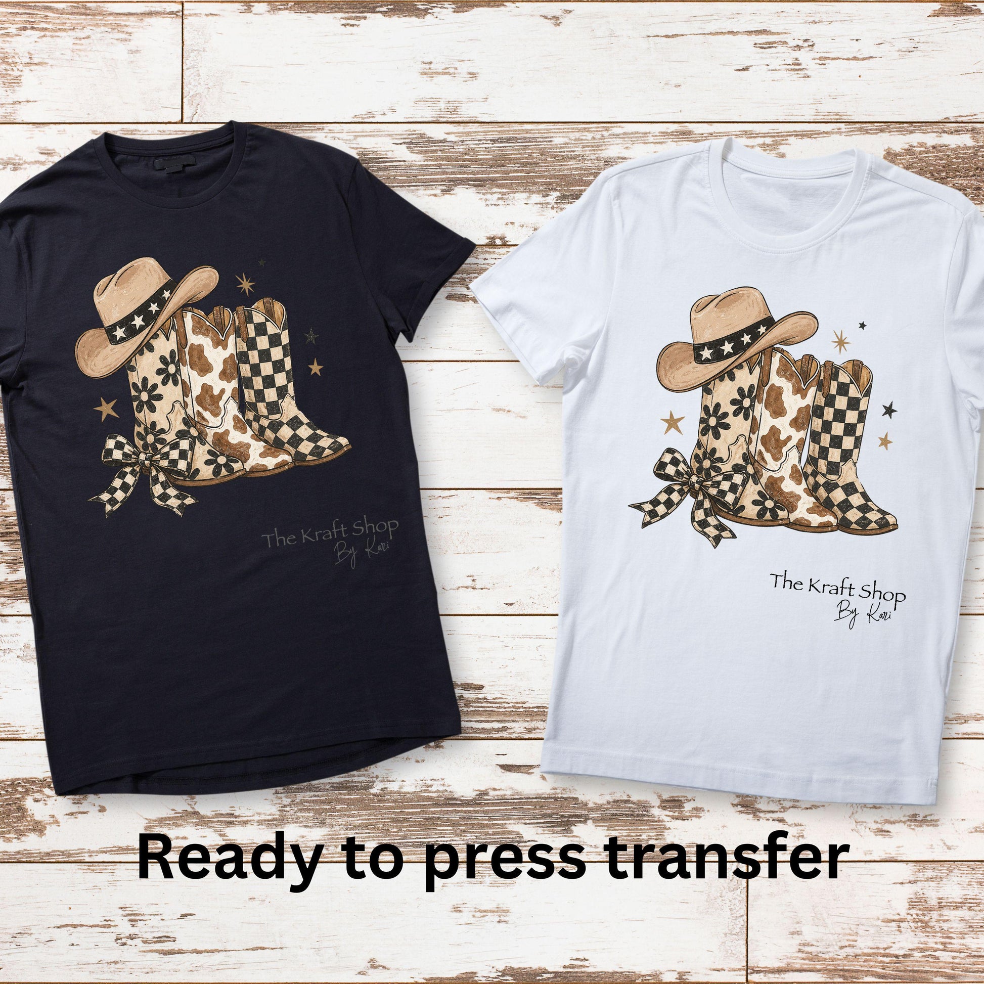 DTF ready to press transfer. Cow Print Checkered Daisy Boots Western shirt transfer #11645