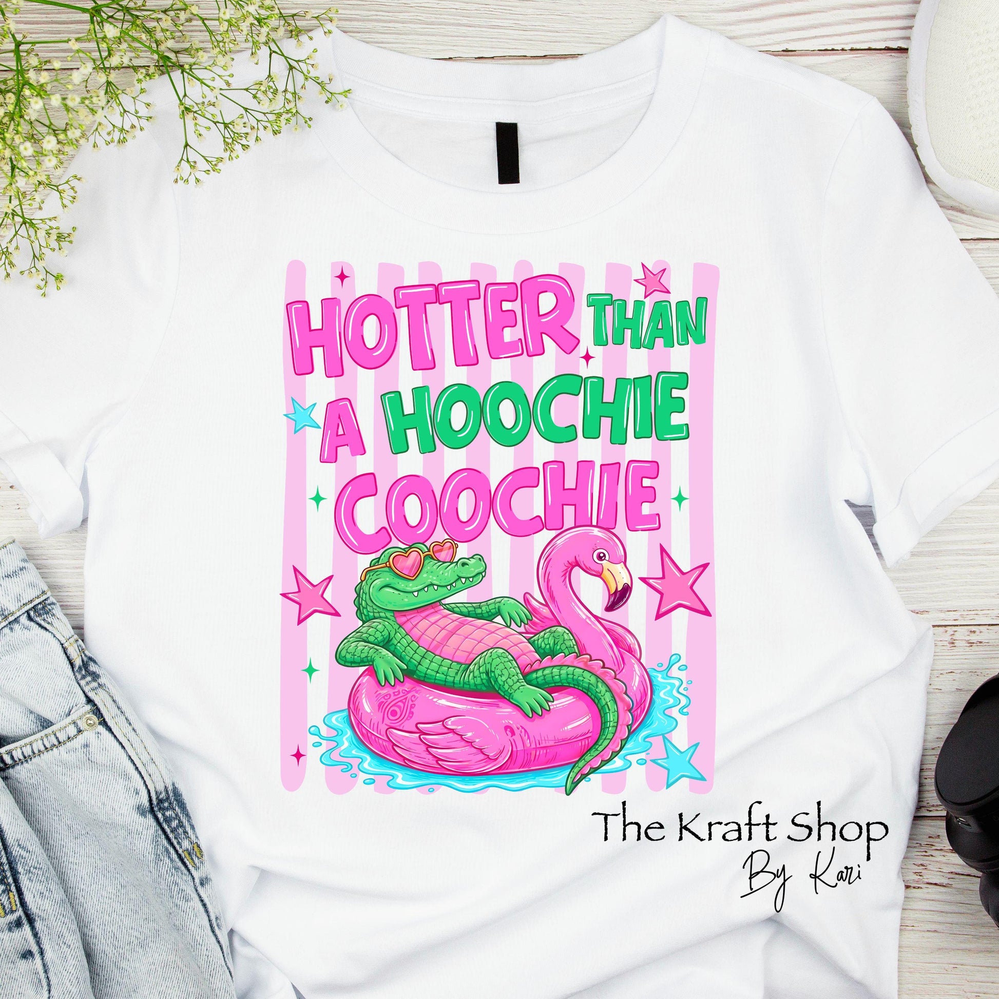 DTF ready to press transfer. Hotter Than A Hoochie Coochie Alligator floating shirt transfer #11647