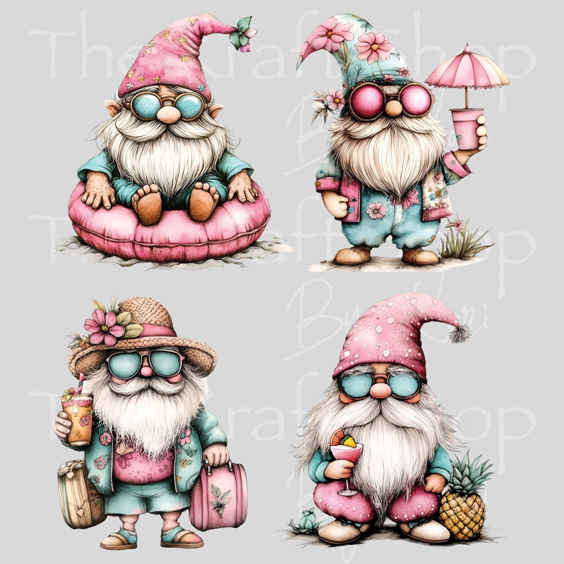 UV DTF Pink Beach Gnome Summer 4pk decals , permanent sticker.#10486