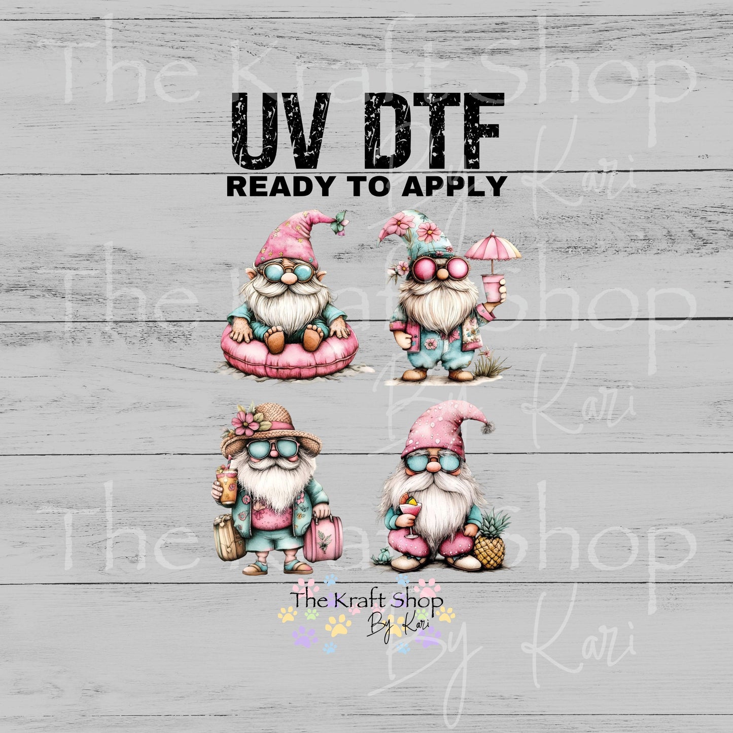 UV DTF Pink Beach Gnome Summer 4pk decals , permanent sticker.#10486