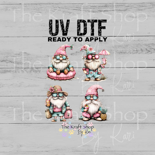 UV DTF Pink Beach Gnome Summer 4pk decals , permanent sticker.#10486