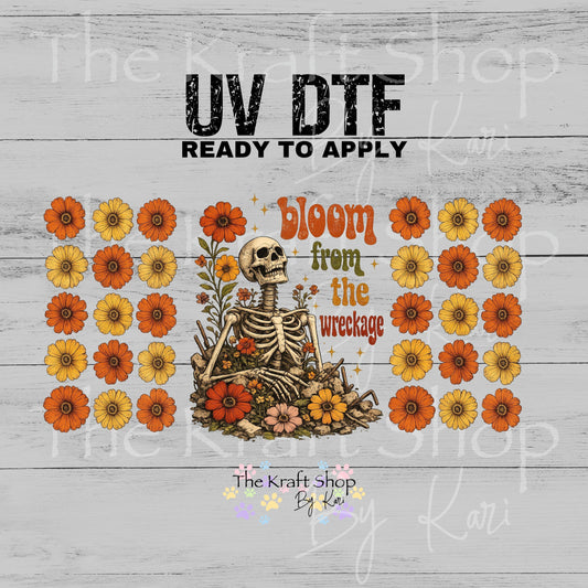 UV DTF Bloom from the wreckage retro vintage look skull and flowers wrap decals #5521