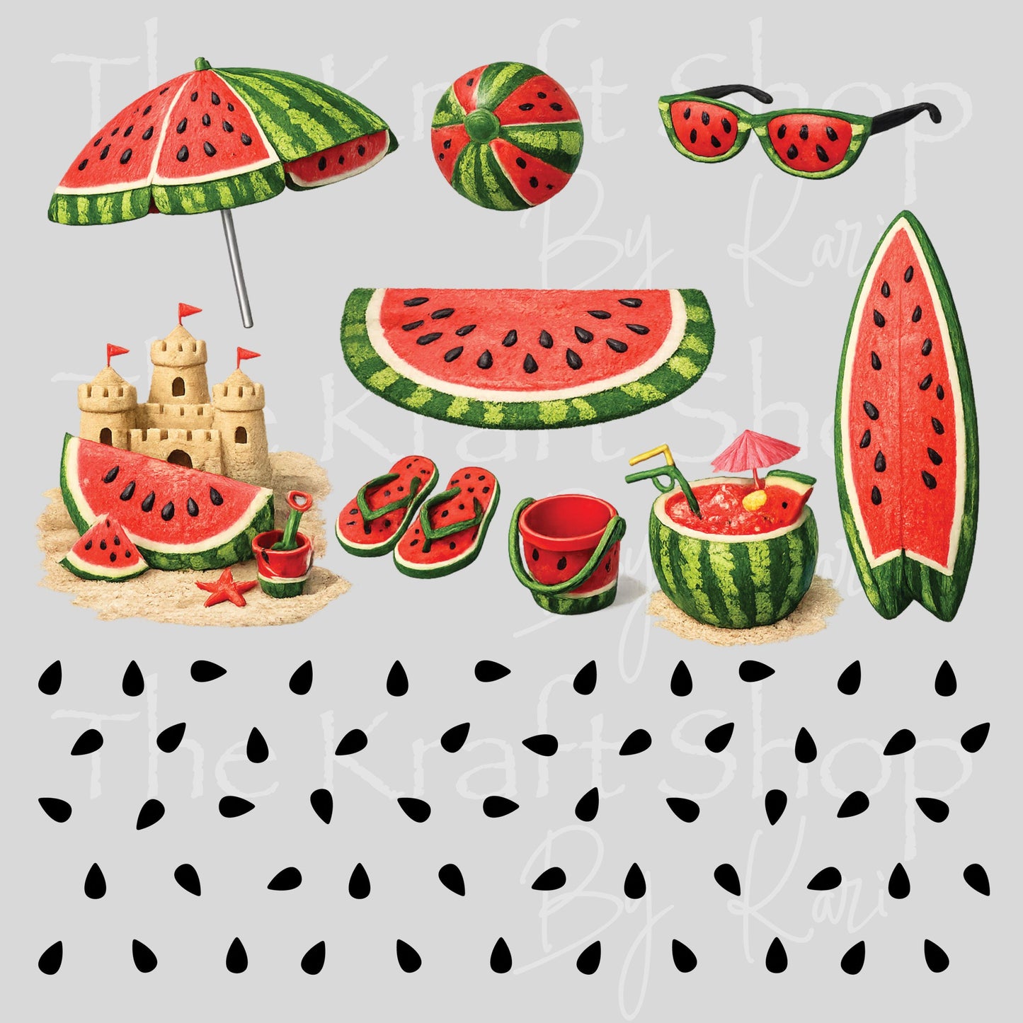 UV DTF Watermelon Beach mixed media bundle of decals Element sheet 10x10 decal #10512
