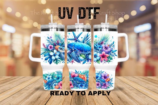 UV DTF 40 oz ready to apply Blue Sea Turtle beach scene wrap decal , quencher tumbler decal #3211