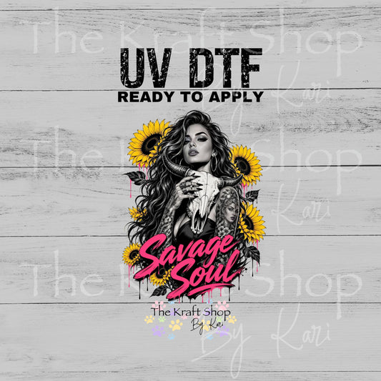 UV DTF Savage soul cow skull sunflower girl sticker decal #4725