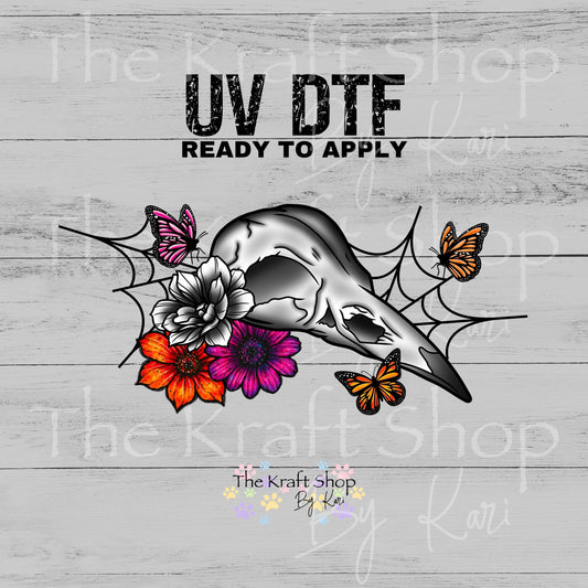 UV DTF Bird skull with web and flowers grunge retro Glass can wrap decals #5534