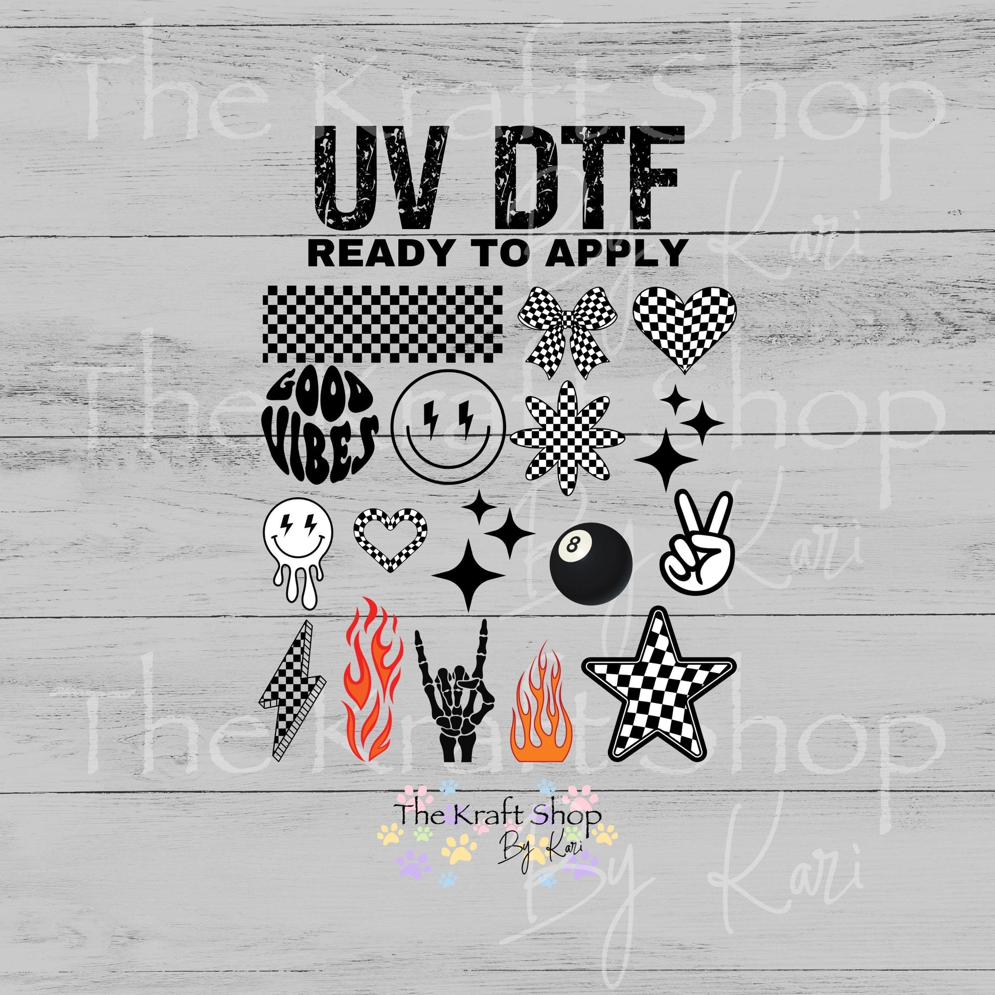 UV DTF Good vibes checkered elements mixed media bundle of decals Element sheet 10x10 decal #4745