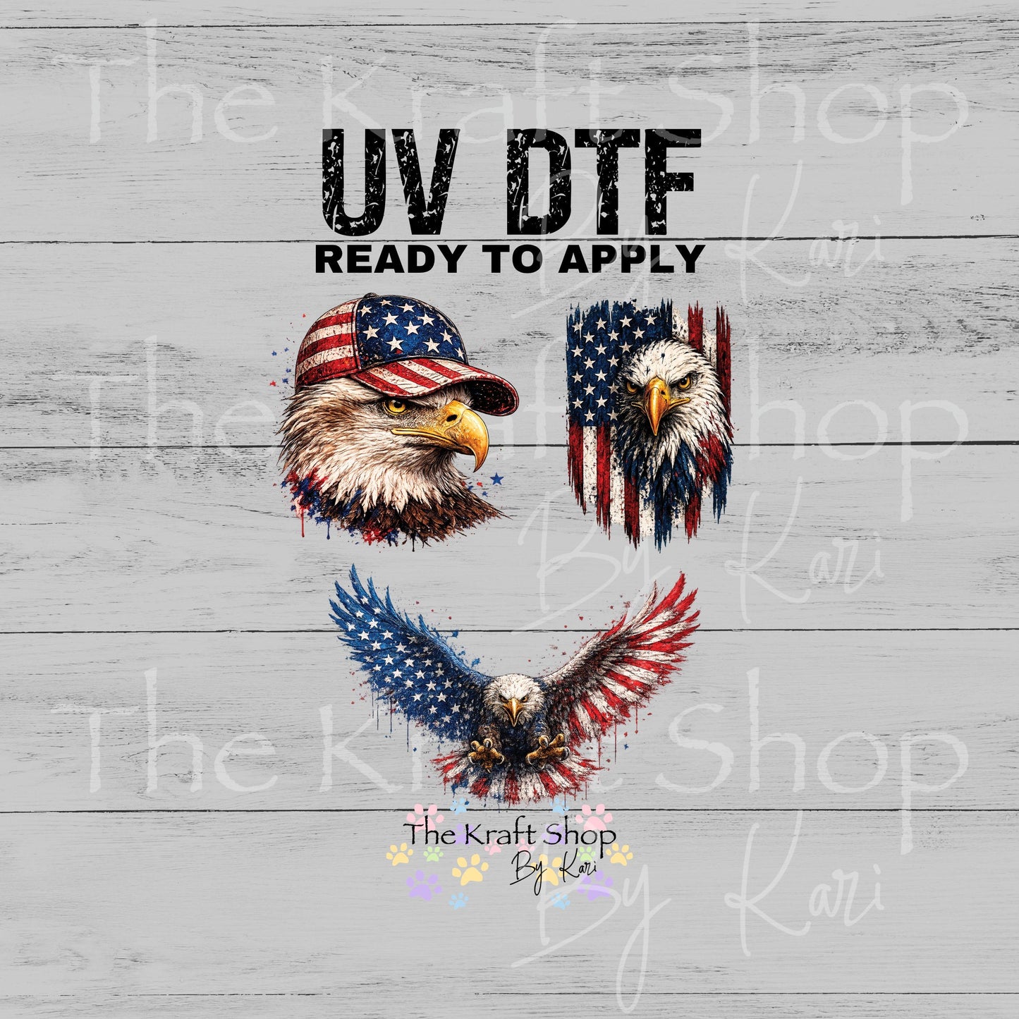 UV DTF Sticker prints. Bald Eagle Patriotic Flag decals 3pk, permanent sticker.#7683