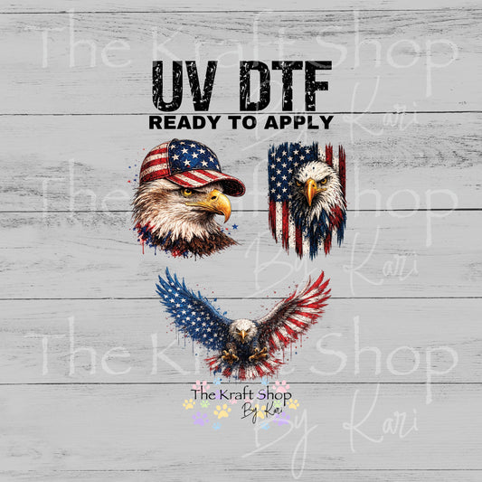 UV DTF Sticker prints. Bald Eagle Patriotic Flag decals 3pk, permanent sticker.#7683