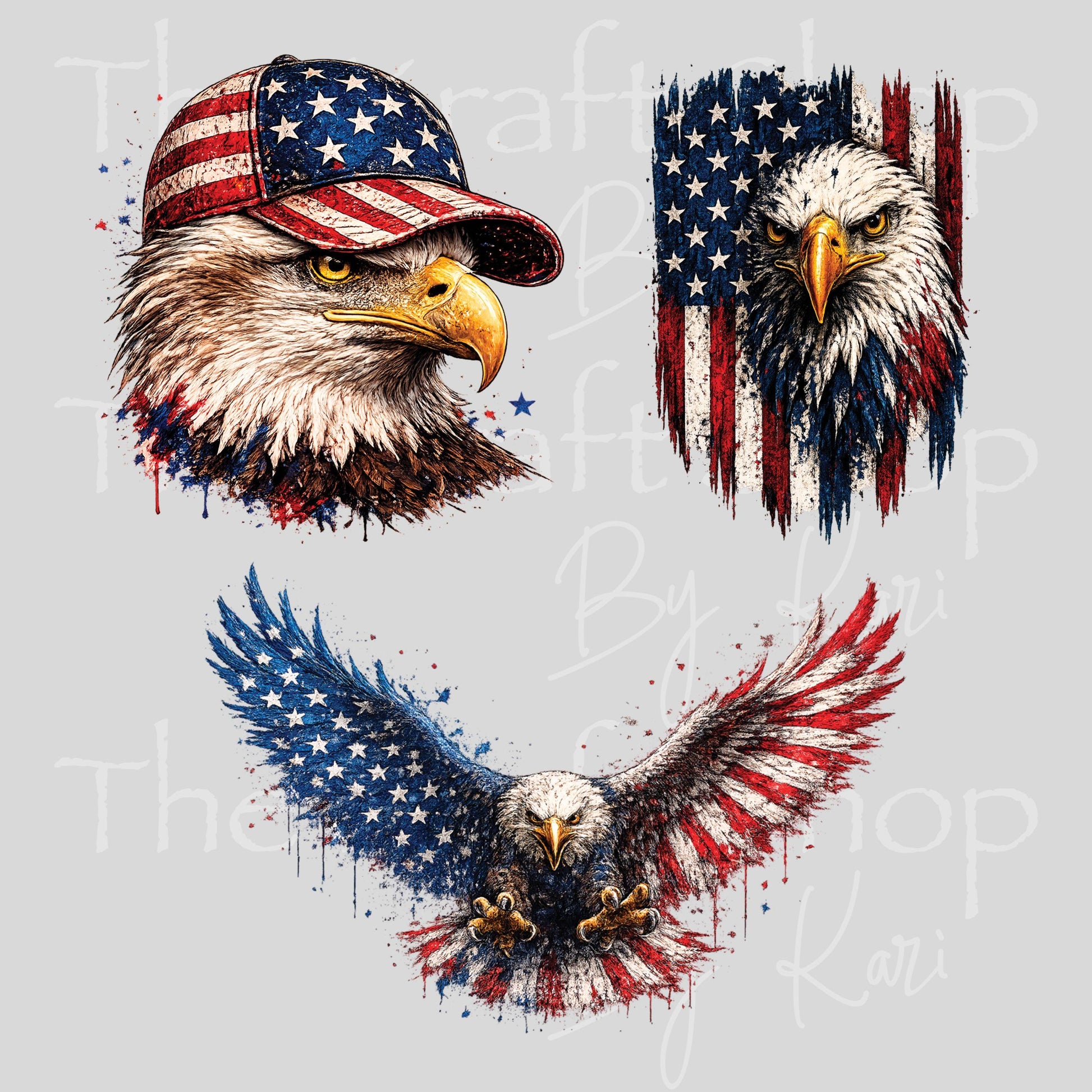 UV DTF Sticker prints. Bald Eagle Patriotic Flag decals 3pk, permanent sticker.#7683
