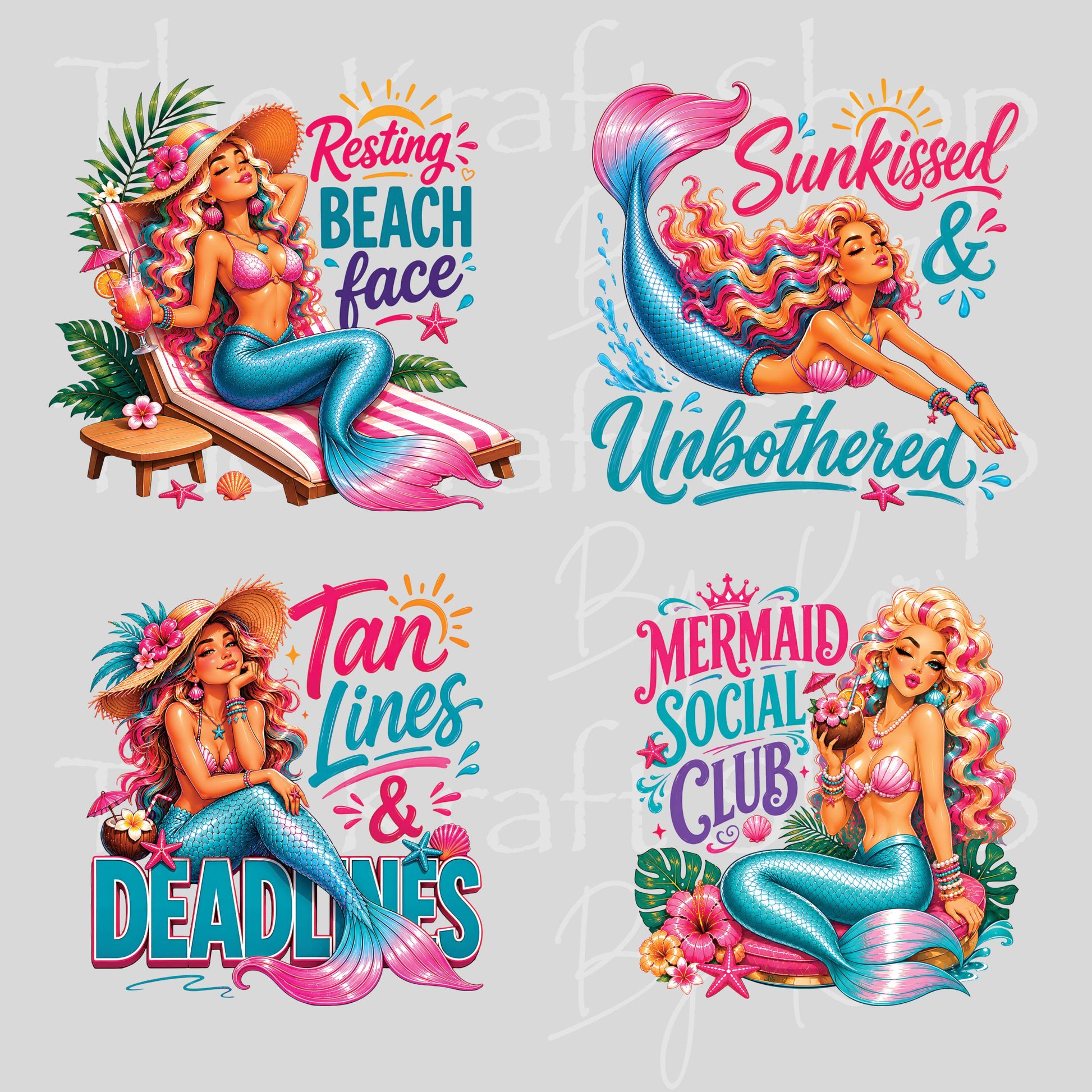 UV DTF Sunkissed Mermaids Summer sarcastic sayings decals 4pk, permanent sticker.#4749