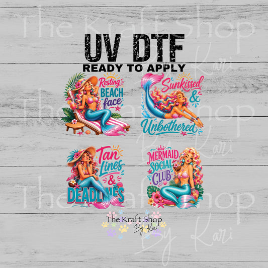 UV DTF Sunkissed Mermaids Summer sarcastic sayings decals 4pk, permanent sticker.#4749