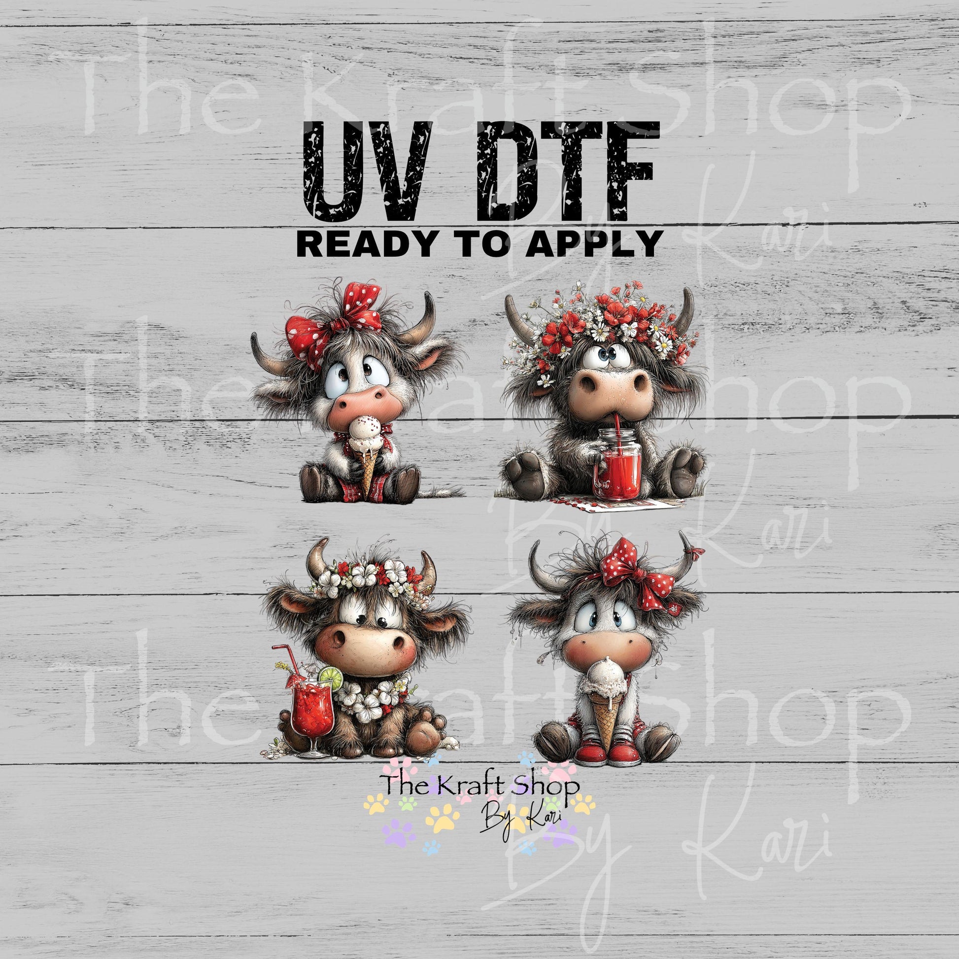 UV DTF Whimsical summer cows decals 4pk, permanent sticker.#1150