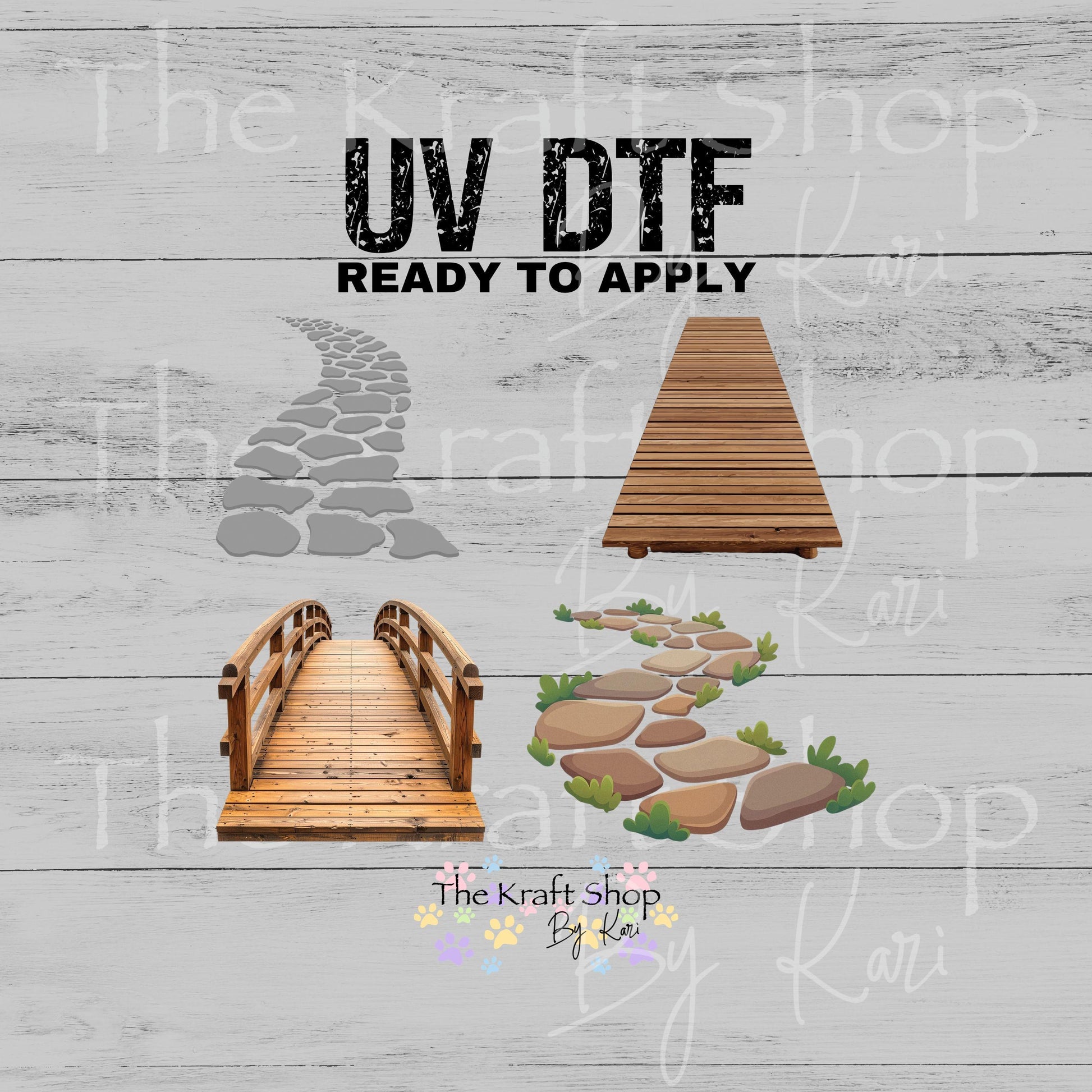 UV DTF Stone wood walkways decals 4pk, permanent sticker.#10513