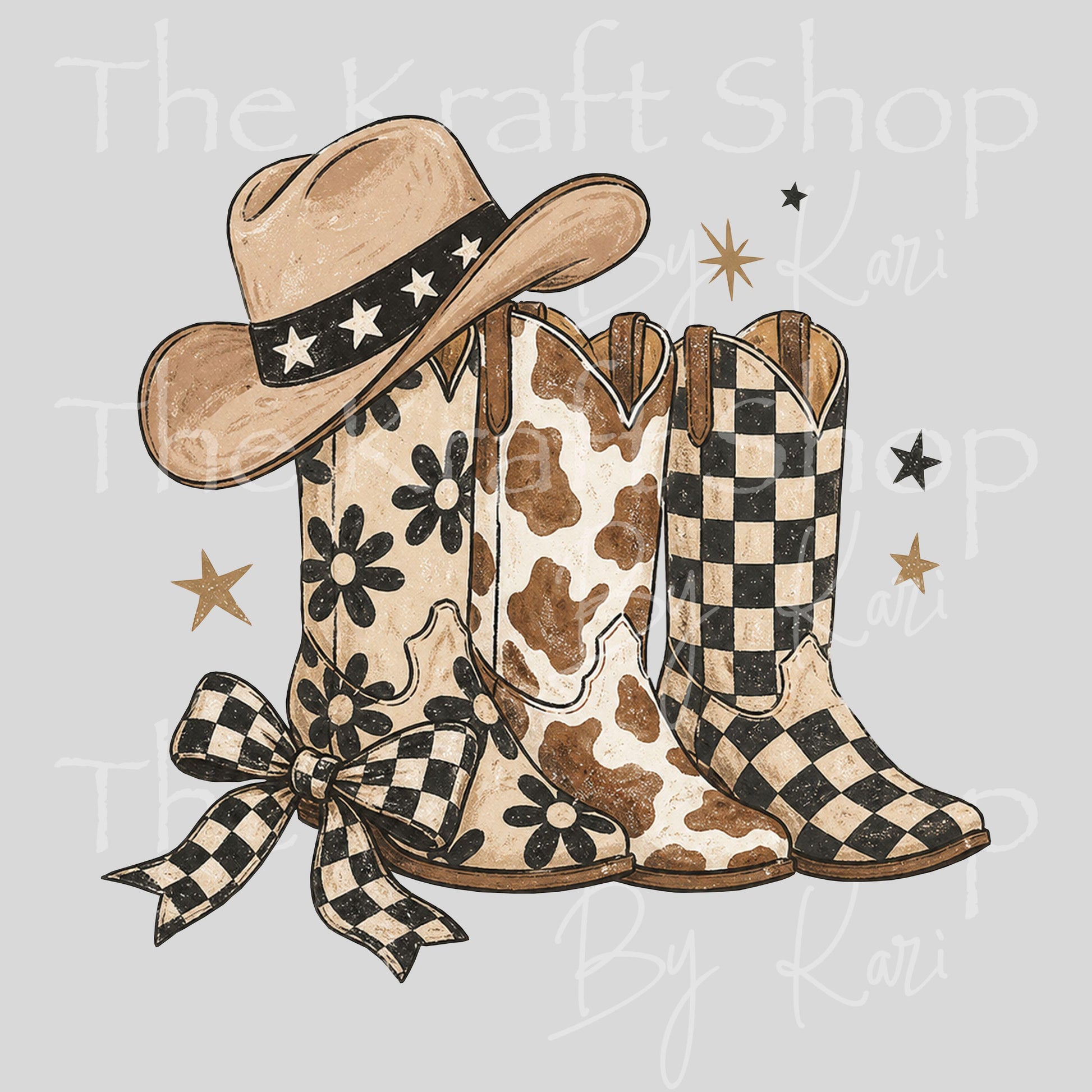 UV DTF Sticker print Cow Print Checkered Daisy Boots Western with boho colors decal, tumbler decal, permanent sticker. #2039