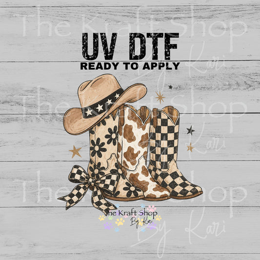 UV DTF Sticker print Cow Print Checkered Daisy Boots Western with boho colors decal, tumbler decal, permanent sticker. #2039