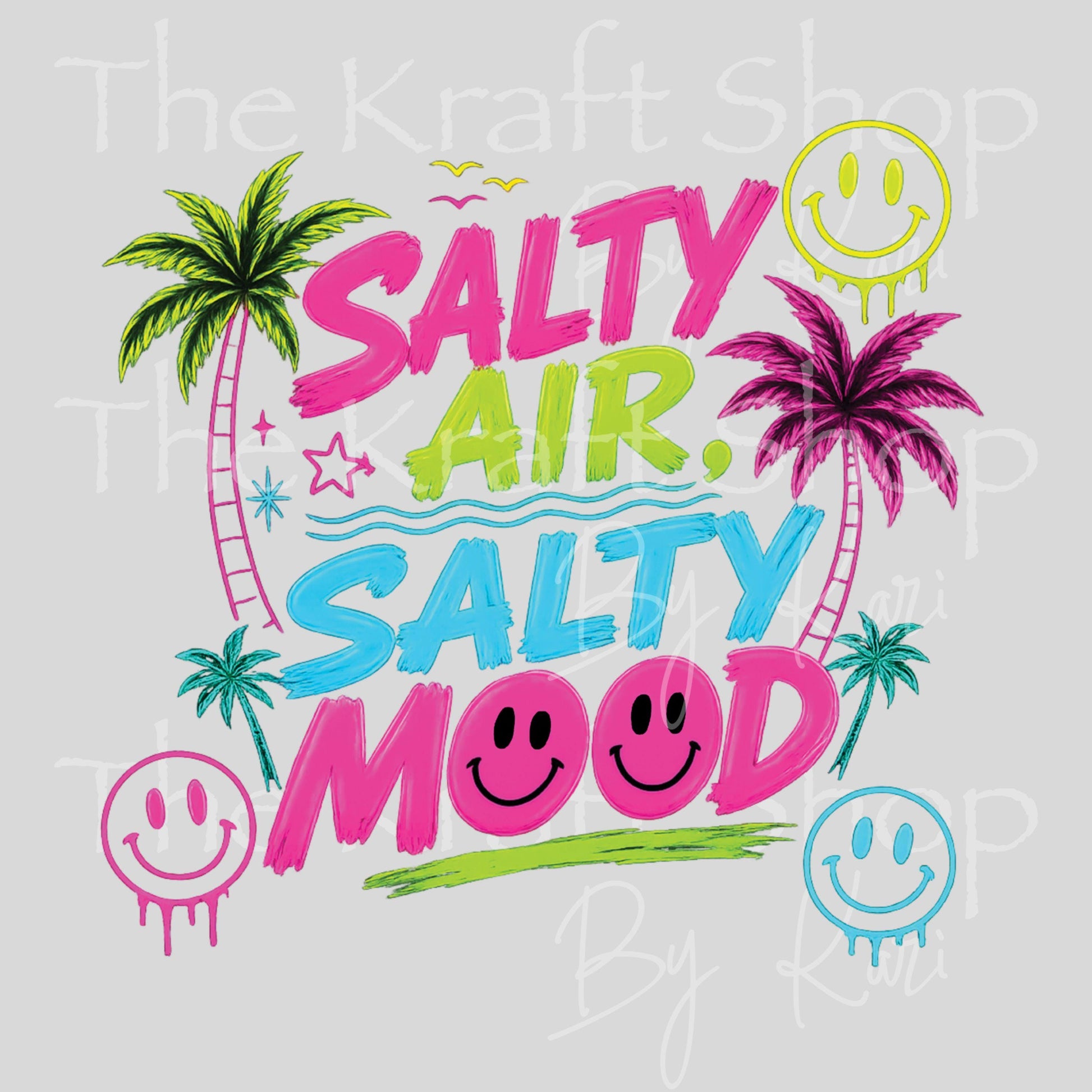 UV DTF Sticker print Salty Air Salty Mood neon smiley face palm trees decal #4736