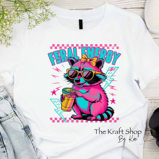 DTF ready to press transfer. Feral Energy hot pink raccoon shirt transfer #11651