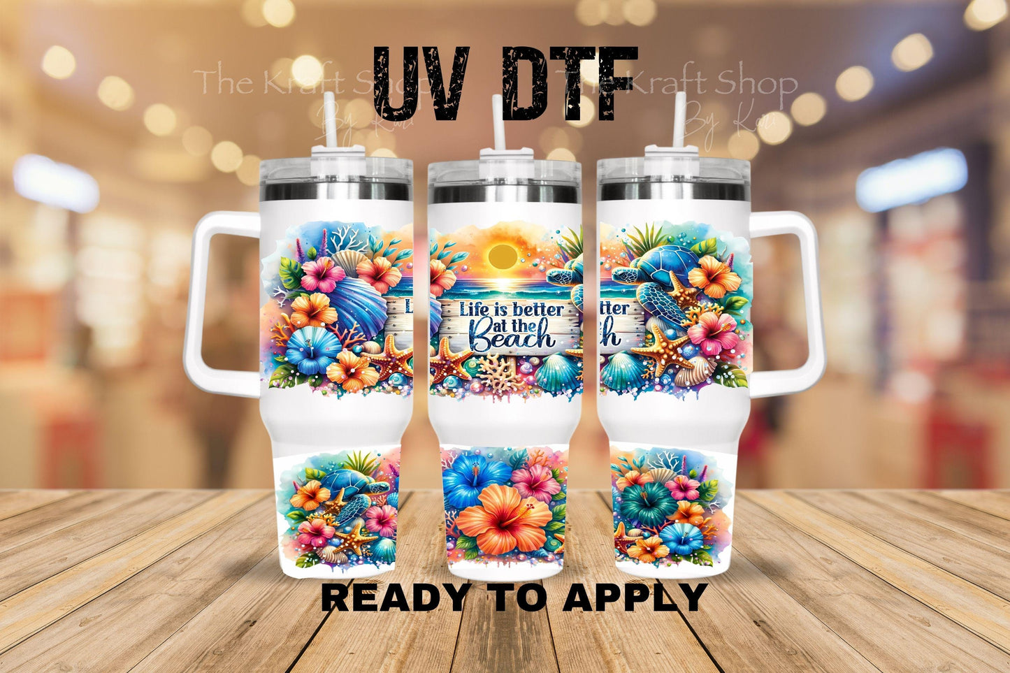 UV DTF 40 oz ready to apply Beach Scene Life Is Better At The Beach Sea Turtle wrap decal , quencher tumbler decal #3210
