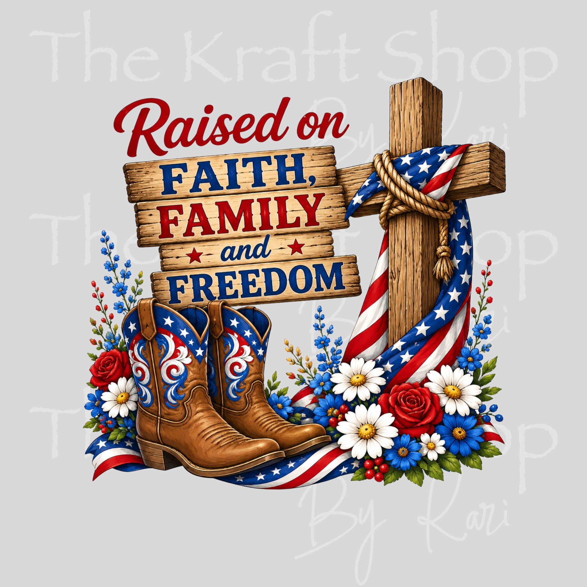 UV DTF Raised On Faith Family and Freedom Patriotic 4th of July decal #4766