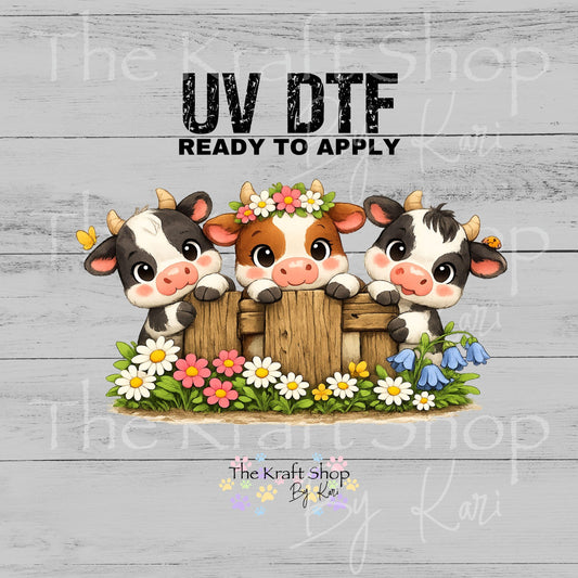 UV DTF 3 cows peeking behind a fence with flowers decal, tumbler decal, permanent sticker. #1156